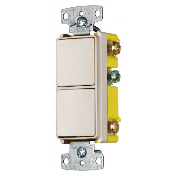 Hubbell Wiring Device-Kellems Switches and Lighting Controls, Combination Devices, Residential Grade, Decorator Series, 2) Single Pole Rockers, 15A 120V AC, Side Wired, Light Almond RCD101LA